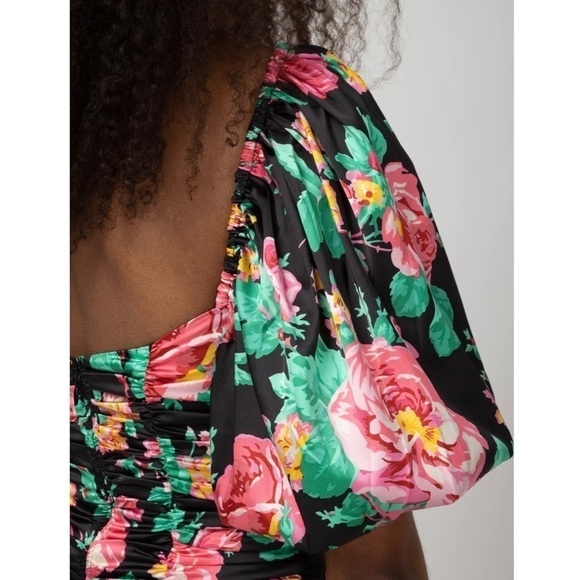 NWT FOR LOVE & LEMONS Floral Satin Puff Sleeve Open Back Ruched Bodycon Dress S - Picture 12 of 14